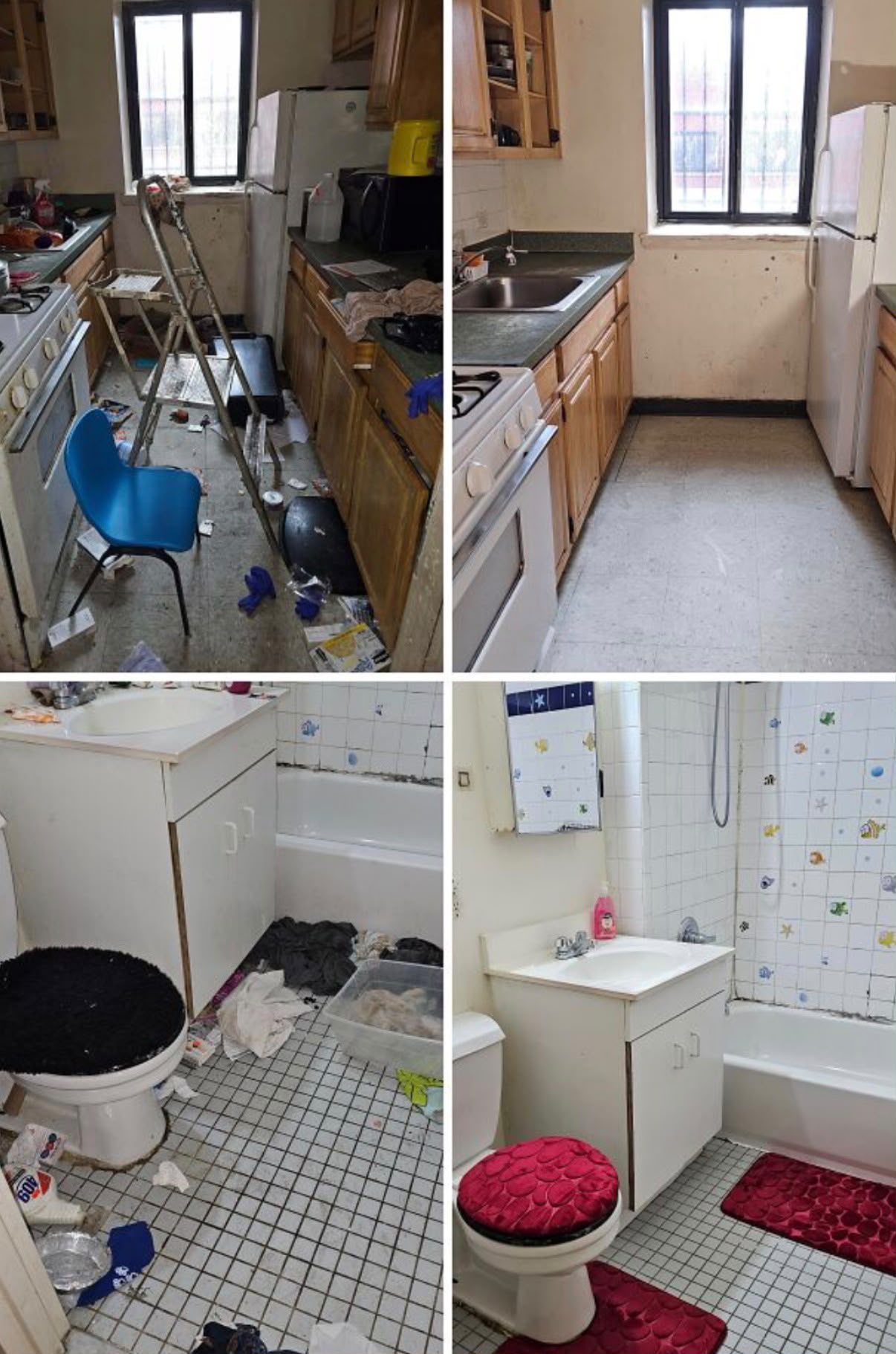 Apartment kitchen and bathroom reset, before and after