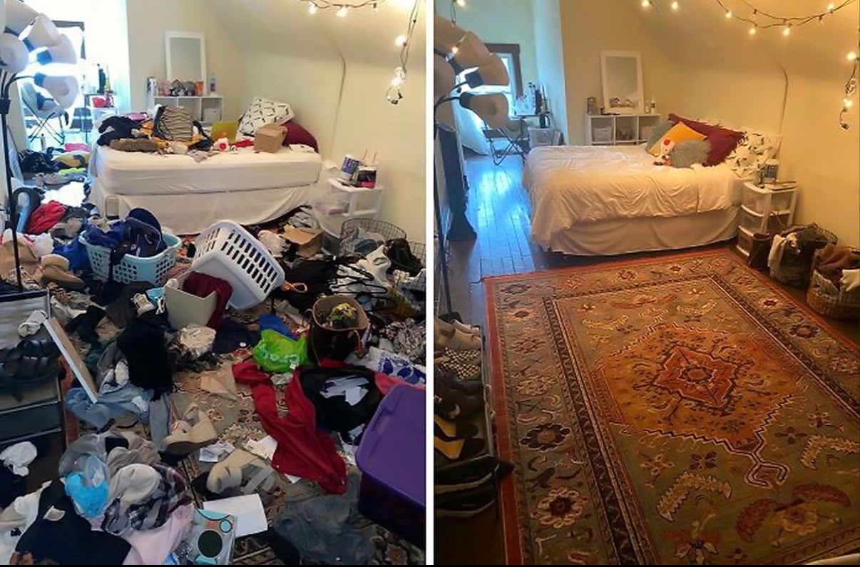 Bedroom declutter, before and after