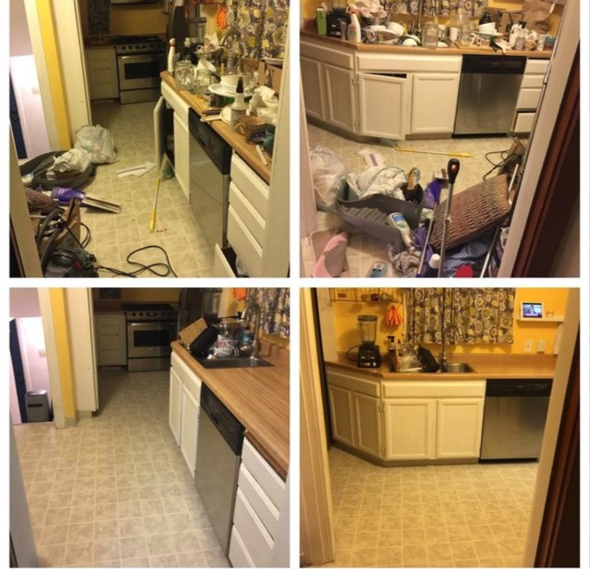 Messy kitchen cleaned, before and after